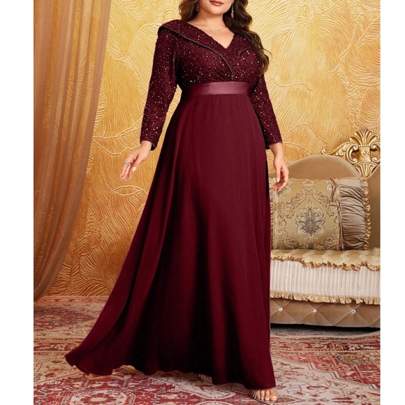 Plus Sequin V neck Party Evening Formal Wedding Flowy Dress - Picture 11 of 11